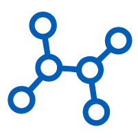 abstract network graphic with two connecting nodes and two outer circles representing connections and relationships in a simple design