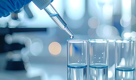 Laboratory scene showing a dropper dispensing liquid into three test tubes in a bright environment