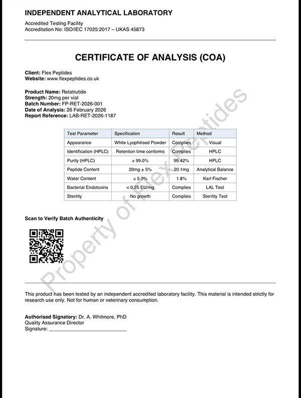 Certificate of Analysis for Retatrutide from Flex Peptides detailing specifications and test results for various parameters including purity and sterility related to testing standards